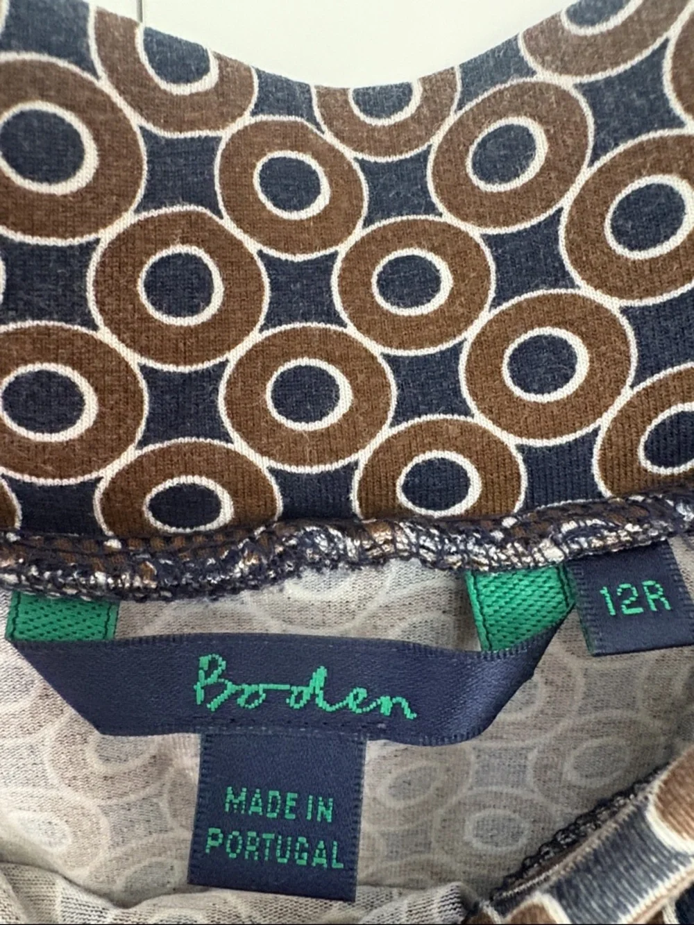 Boden jersey skirt with a brown and blue patterned design 12R